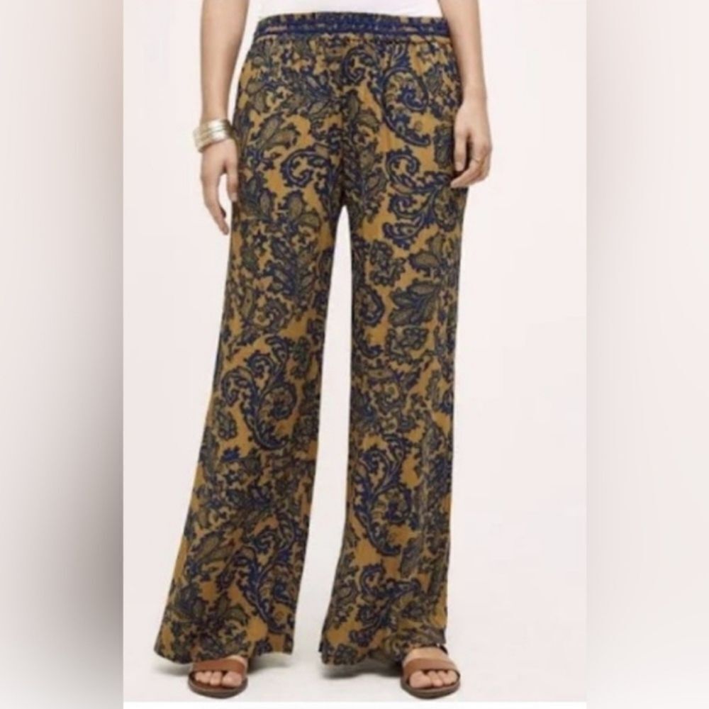 Hei Hei Anthropologie Tana Gold and Blue Paisley Print Wide Leg Pants Sz Small